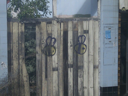 a couple of wood gates with some graffiti on them