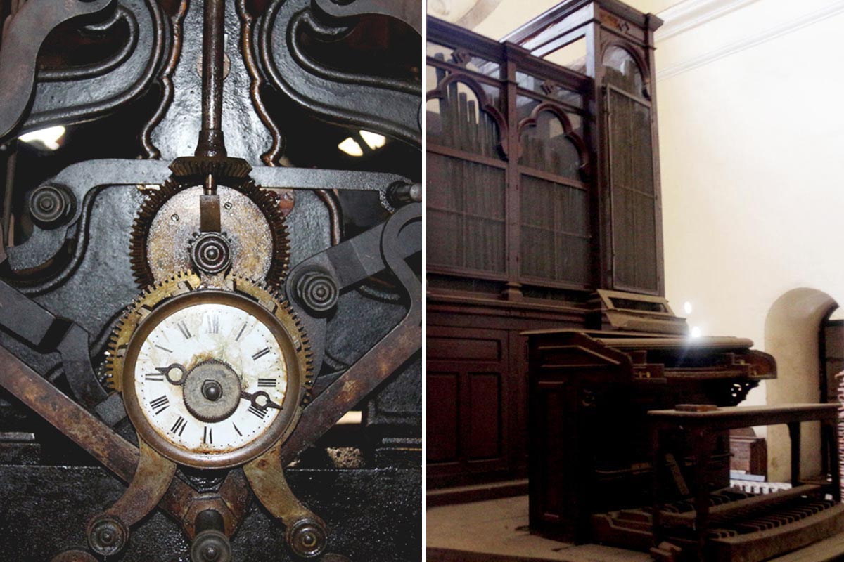 this is two images of a clock in an old time church