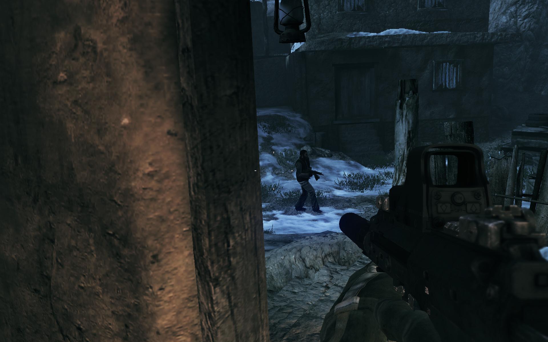 an image of the scene in a game with a gun and snow