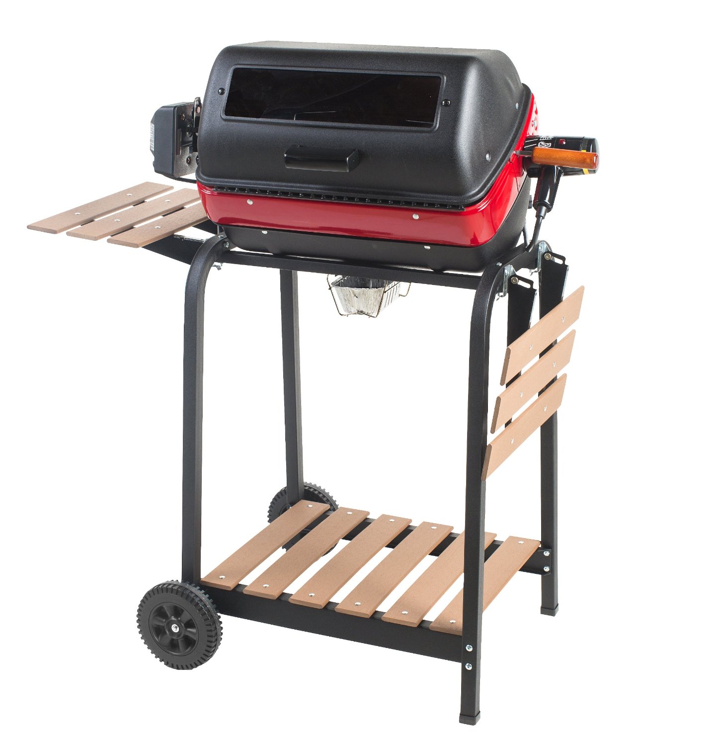 the portable barbecue grill is on top of wooden racks