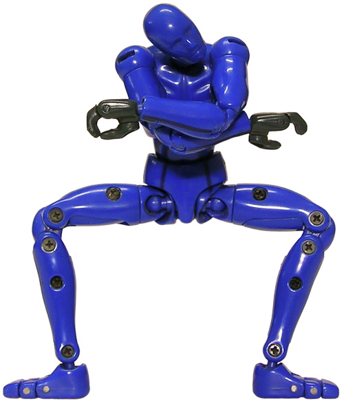 a blue robot figure with legs and arms with an invisible look