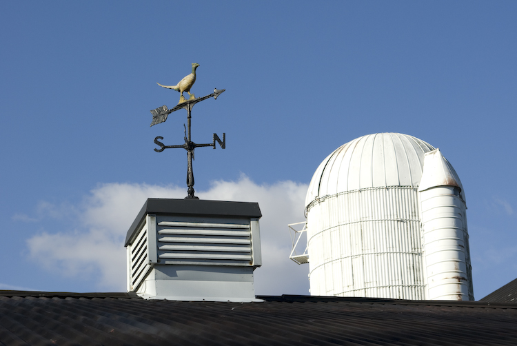 two birds sit on top of the weather vane and chimney of a building