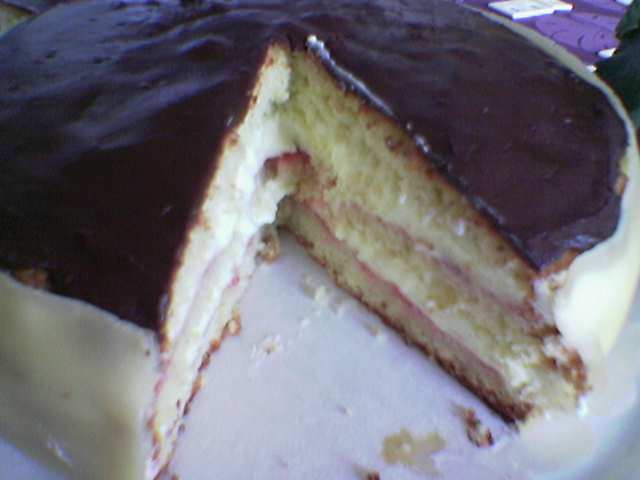 a close up of a cake that has been cut in half