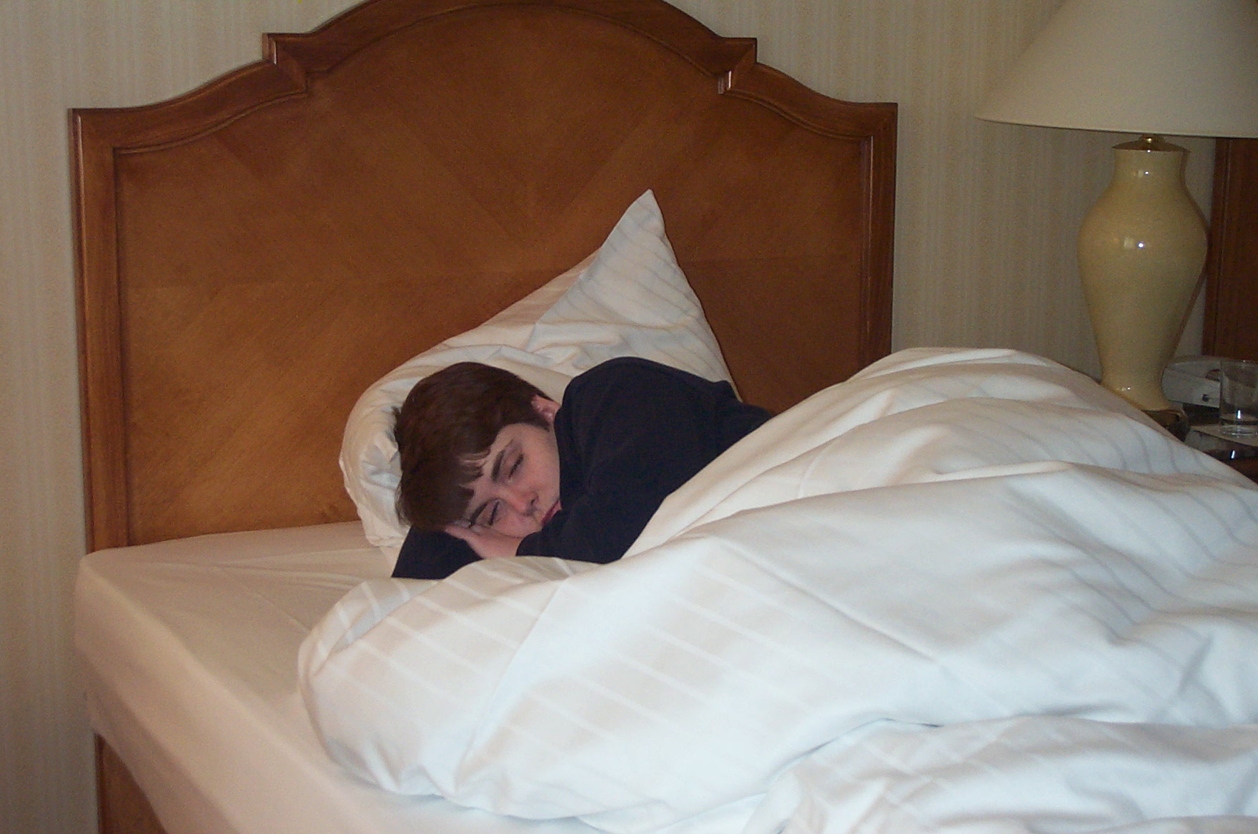 a man is sleeping in a large bed