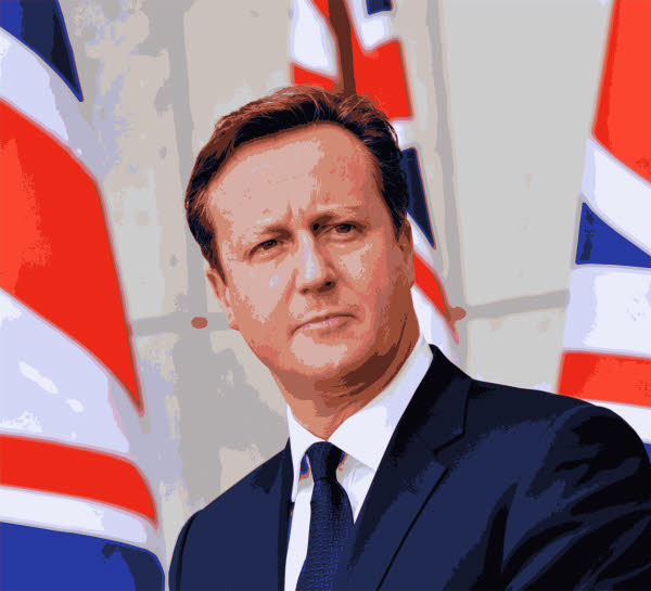 the portrait of a man wearing a suit and tie, in front of british flag