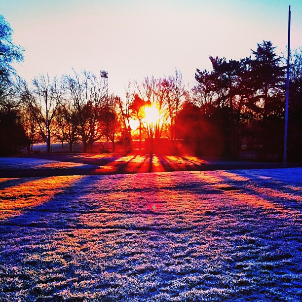 the sun is setting behind some frost covered trees