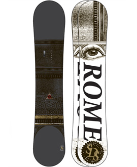 the front of a snowboard with a black design and brown lettering