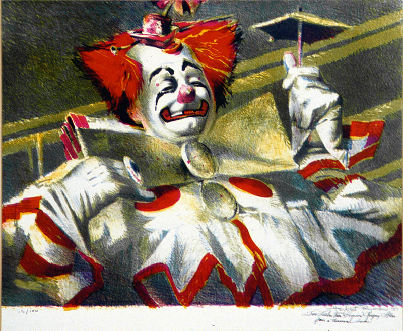 a colorful clown holding soing with one hand and pointing to the side