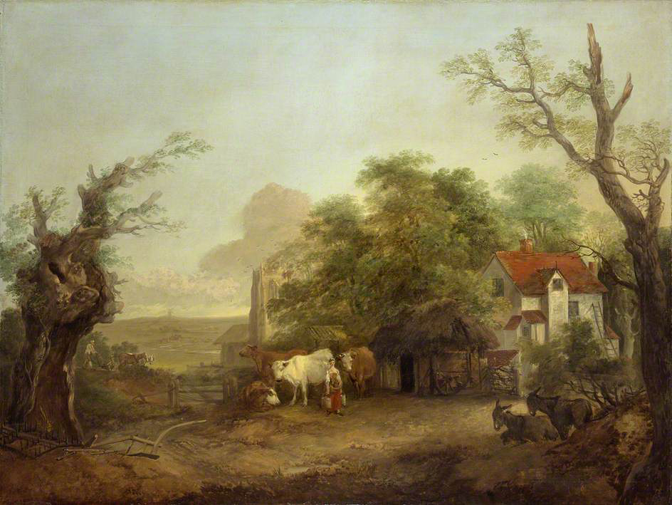 a painting shows horses and a man next to a house