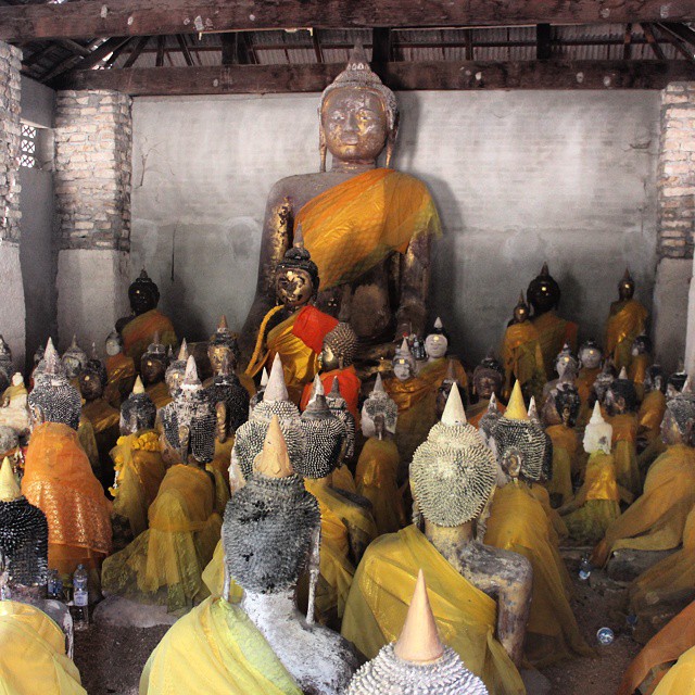 a large group of buddha statues in front of a wall