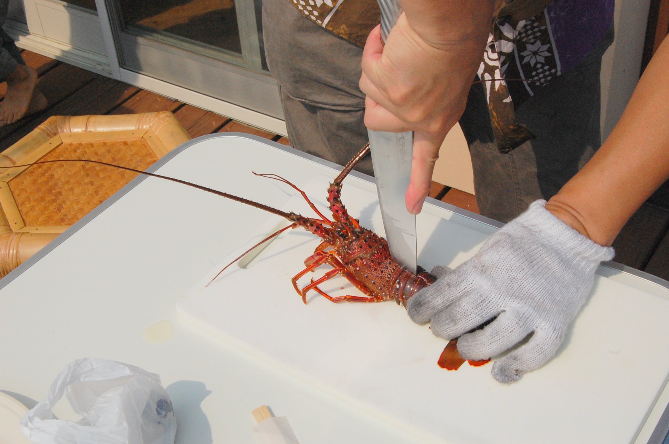 a person is holding an object in one hand and he has a lobster in his other