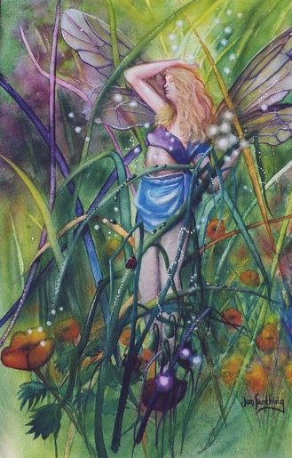 a painting of a fairy in grass with flowers