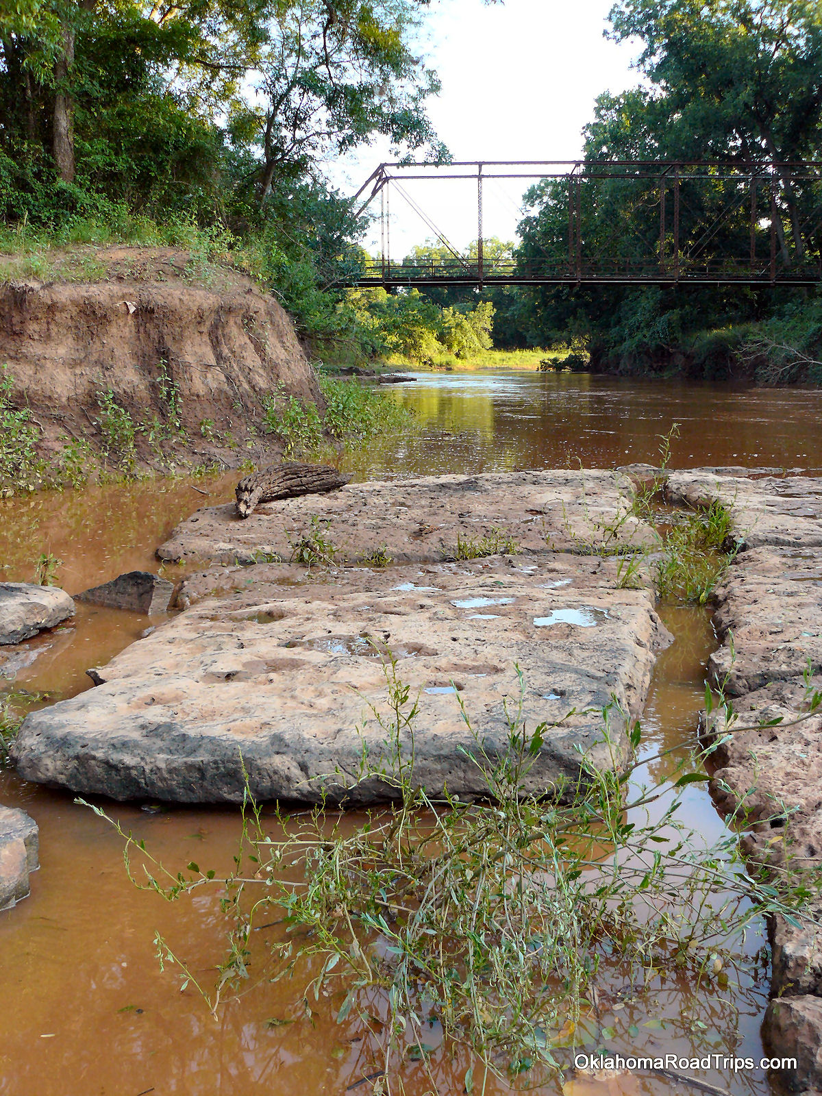 a dirty river has rocks in it near a bridge