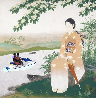 a painting with an asian lady standing by the water