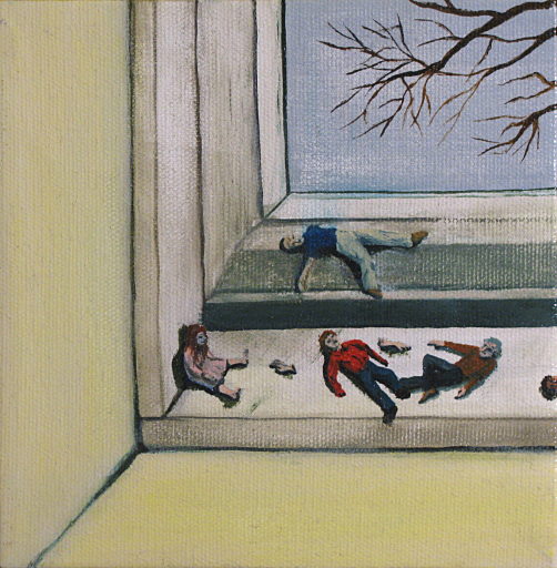 a painting of people laying on a window ledge