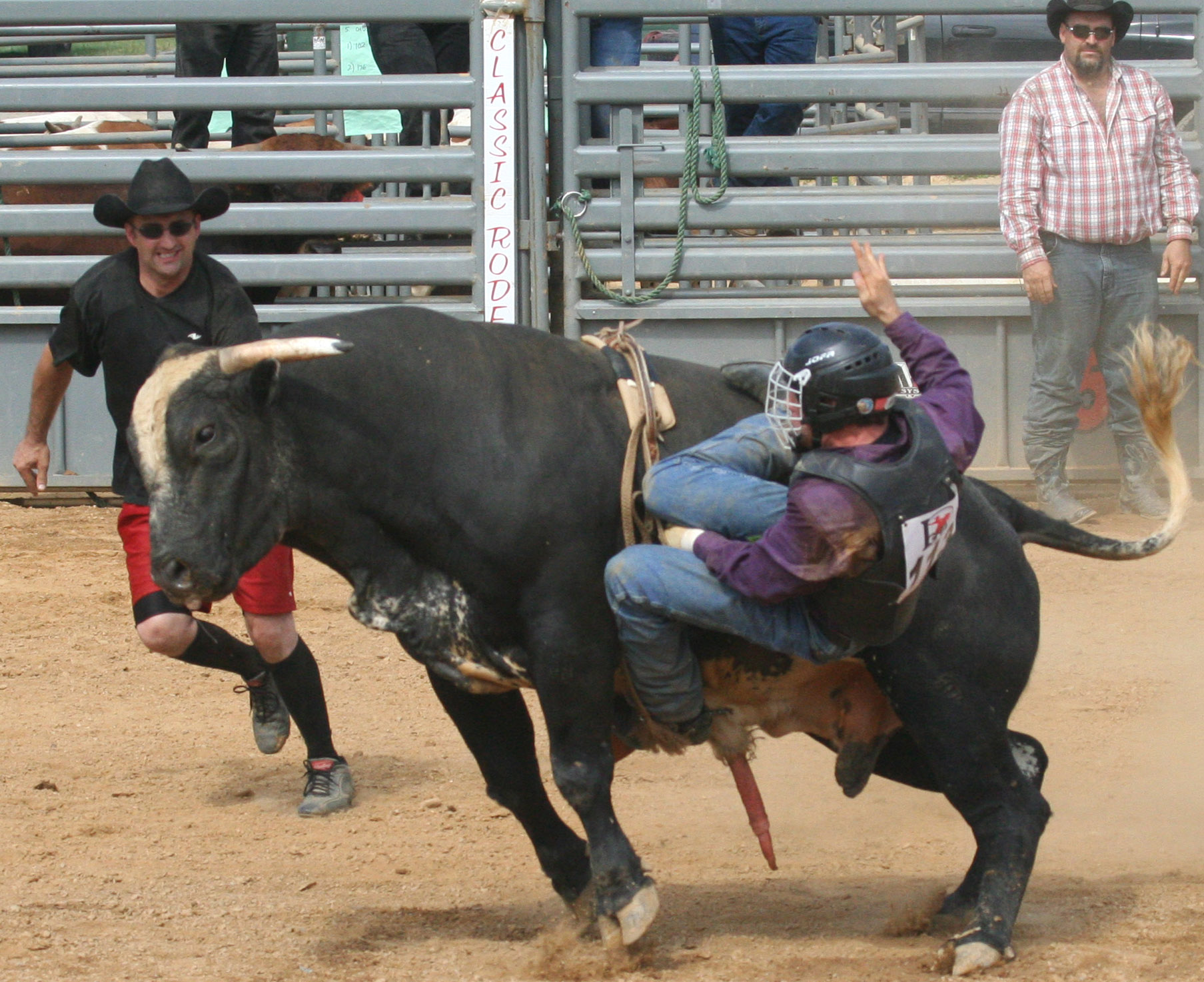 a person riding a bull in a dirt area