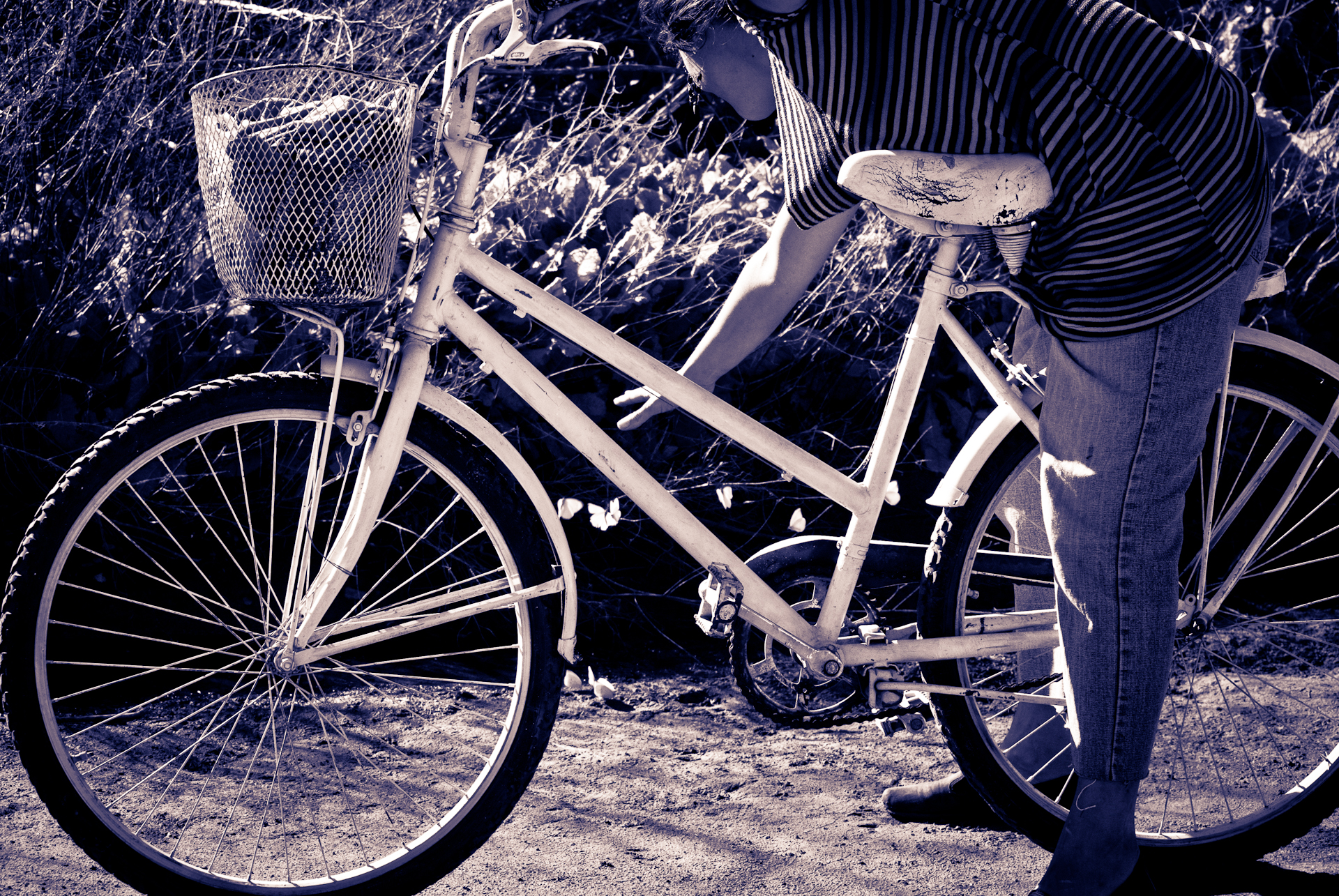 a man in shorts rides a bike while talking on a phone