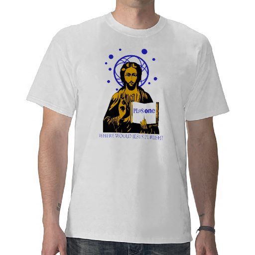 a man in a white shirt is wearing a jesus t - shirt