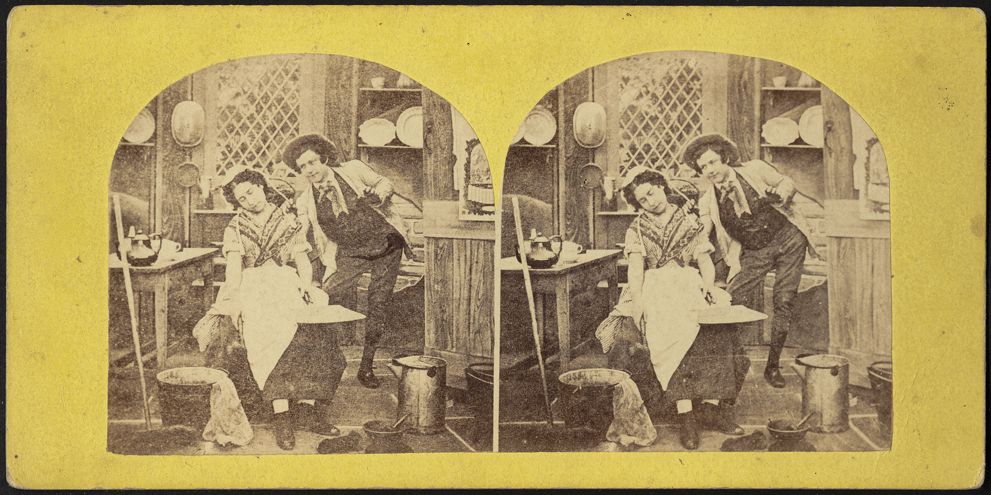 two old fashion images of men and women in kitchen