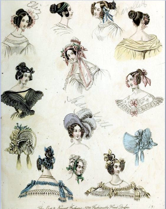 various ladies wearing different hats and gowns