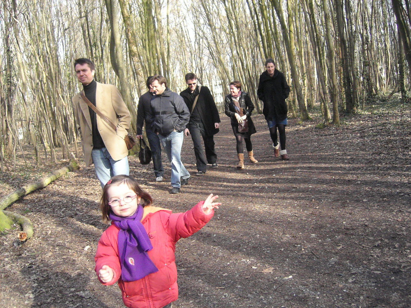 group of people walking in a forest, in the sun