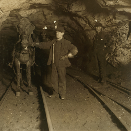 a man wearing a tie and two men standing near a horse in a tunnel