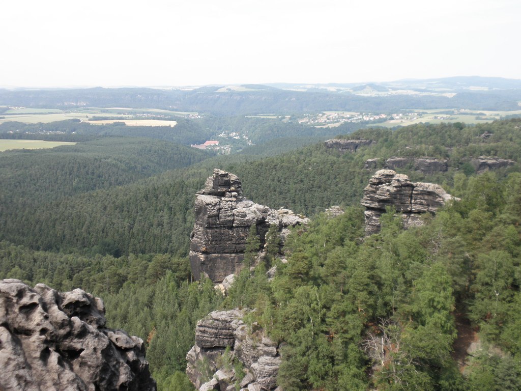 a lush forest and rock formation with distant mountains