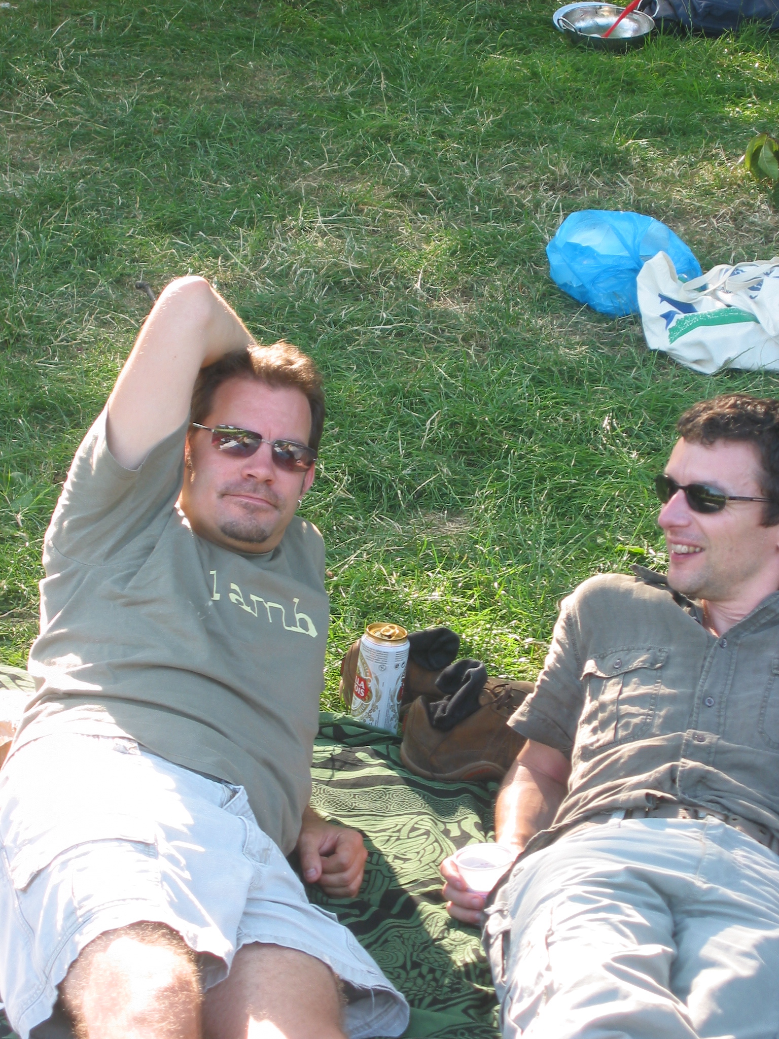 a pair of men sitting on top of a green grass covered park