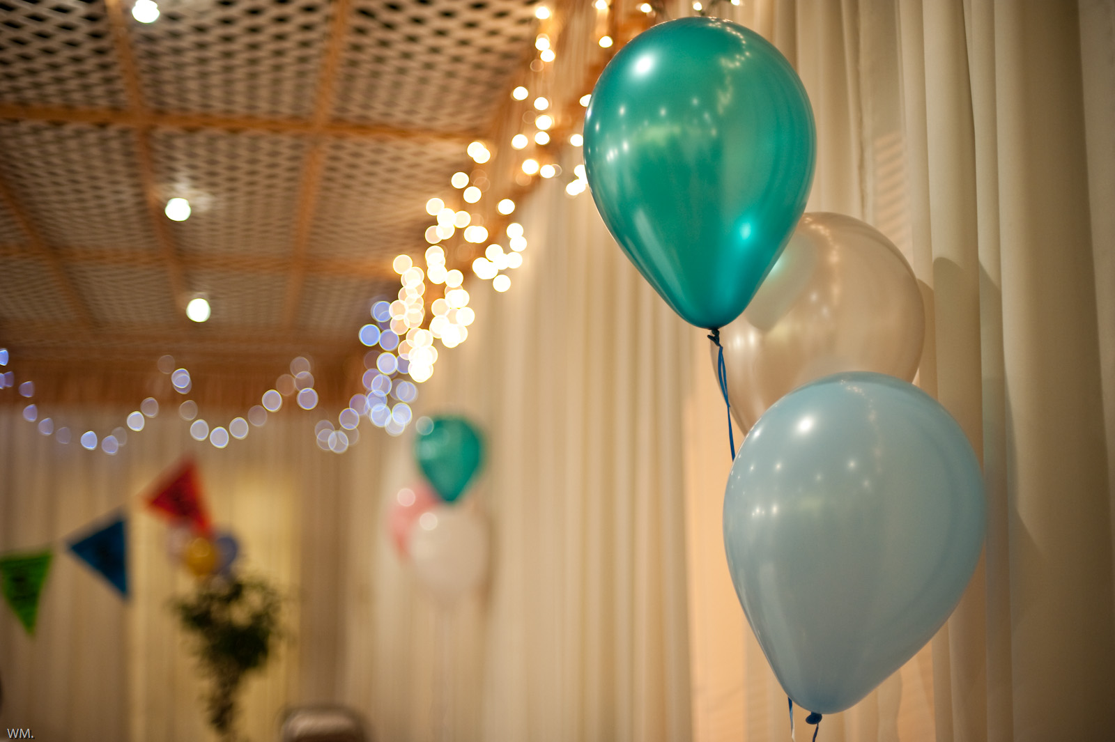 balloons are hanging down by the string ceiling