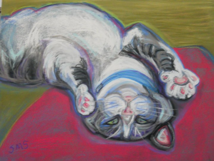 pastel drawing of a gray and white cat
