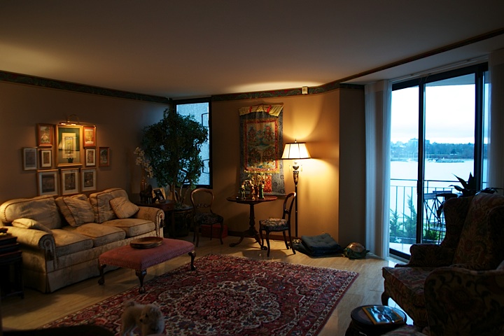 an empty living room with large windows looks out onto a lake
