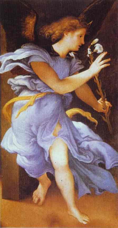 painting depicting an angel in purple dress holding a flower