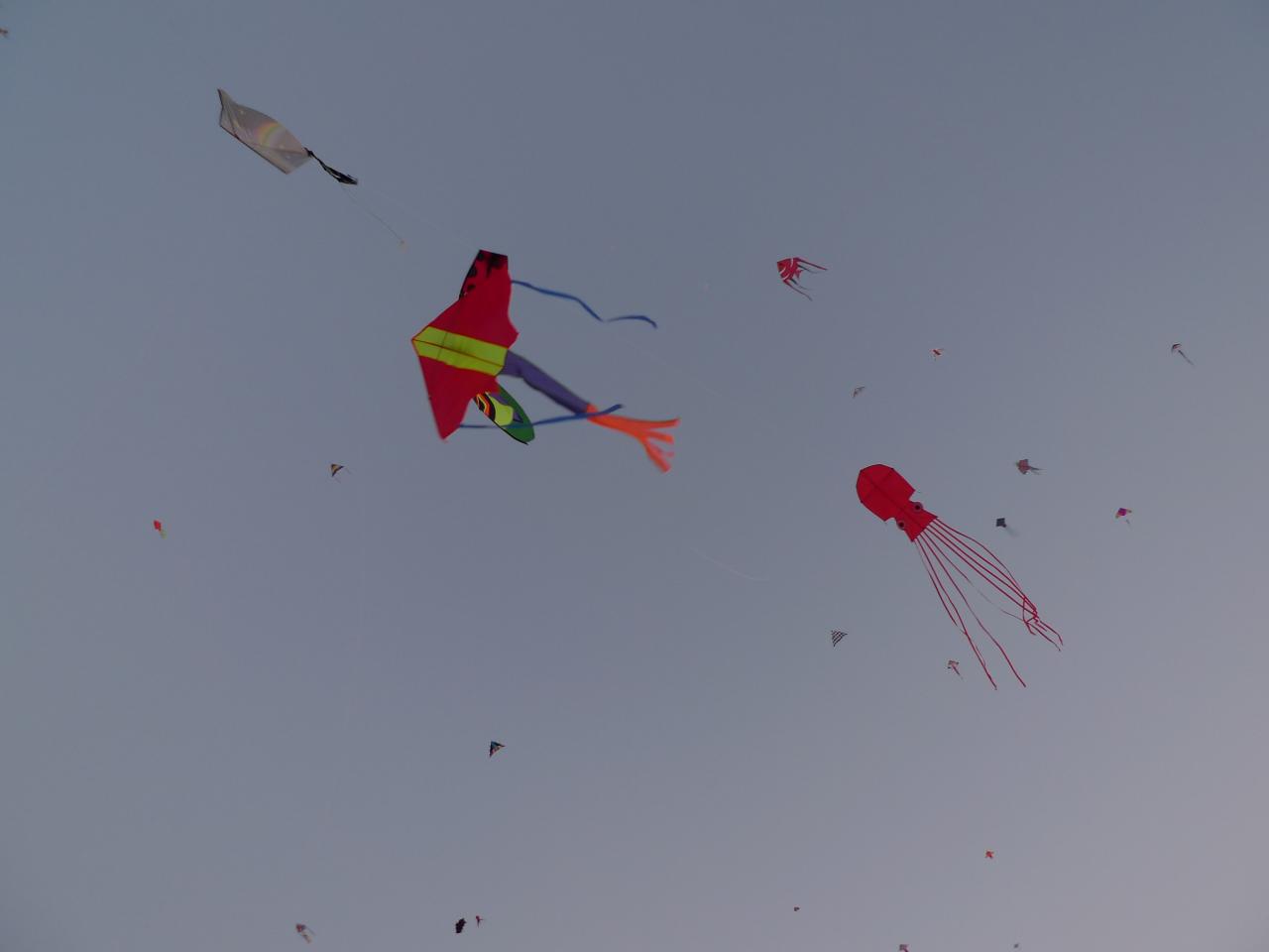 many kites being flown in a very cloudy sky