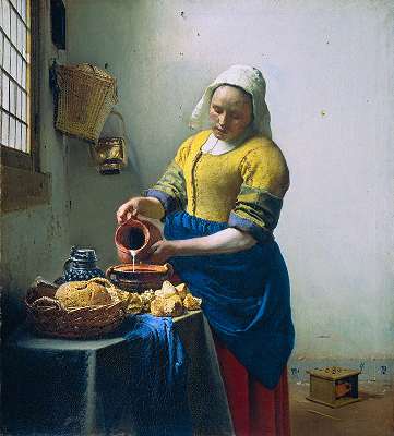a painting of a woman pouring coffee at a table