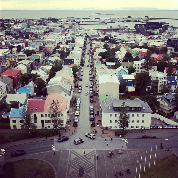 an aerial view of a town with a large crosswalk