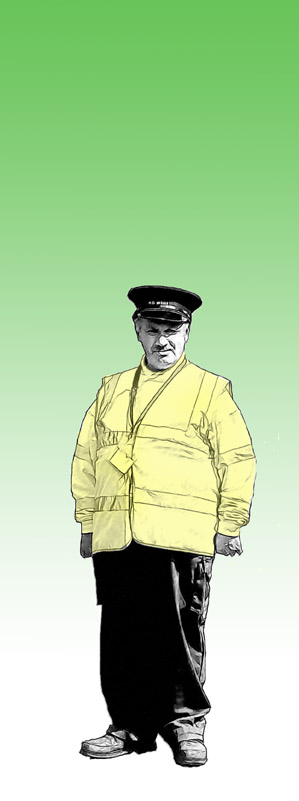 an illustration with the image of a person in a yellow jacket and cap