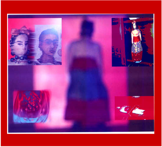 a blurry image of a woman standing in front of a mirror