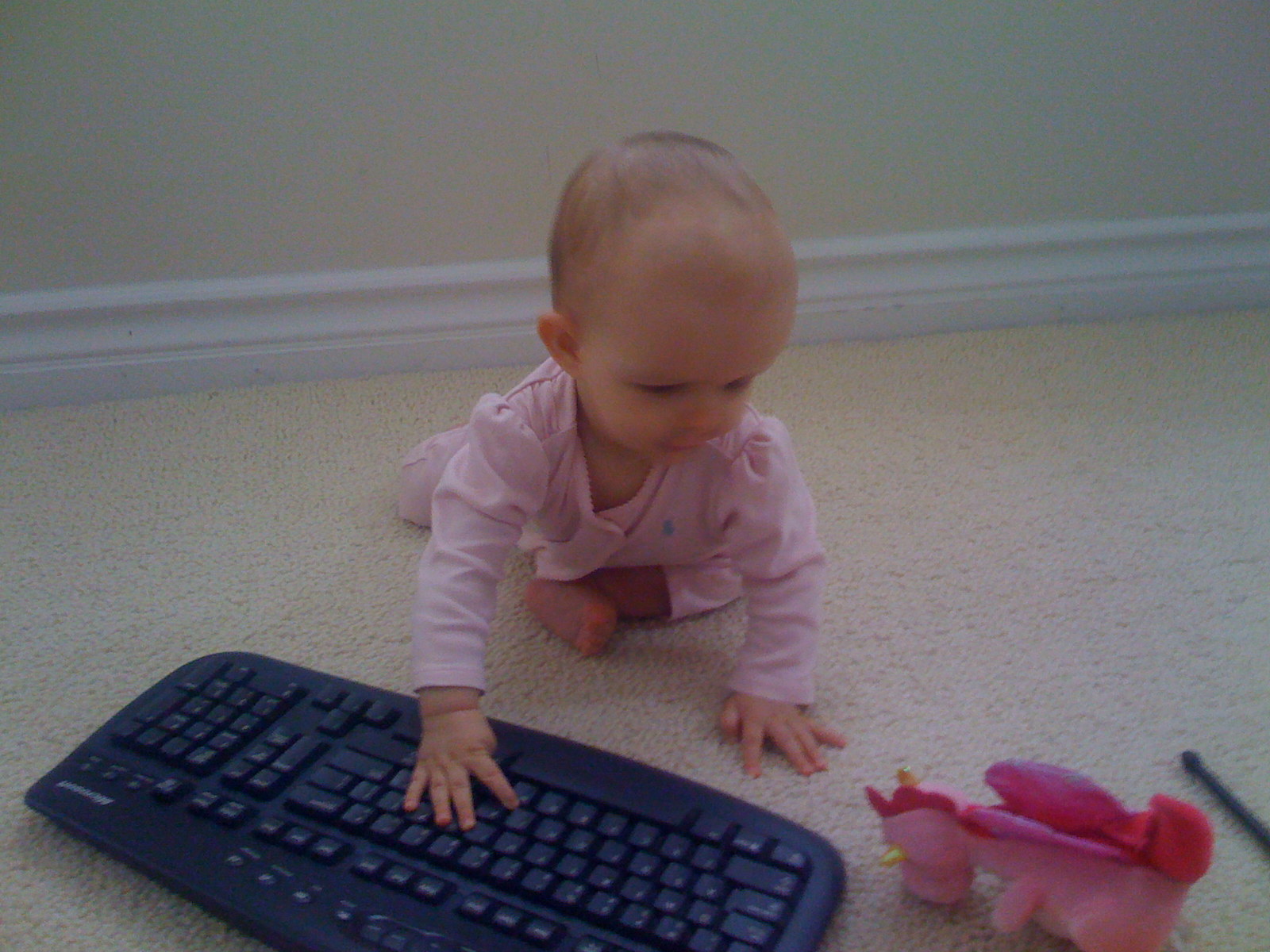 a baby is playing with the blue keyboard