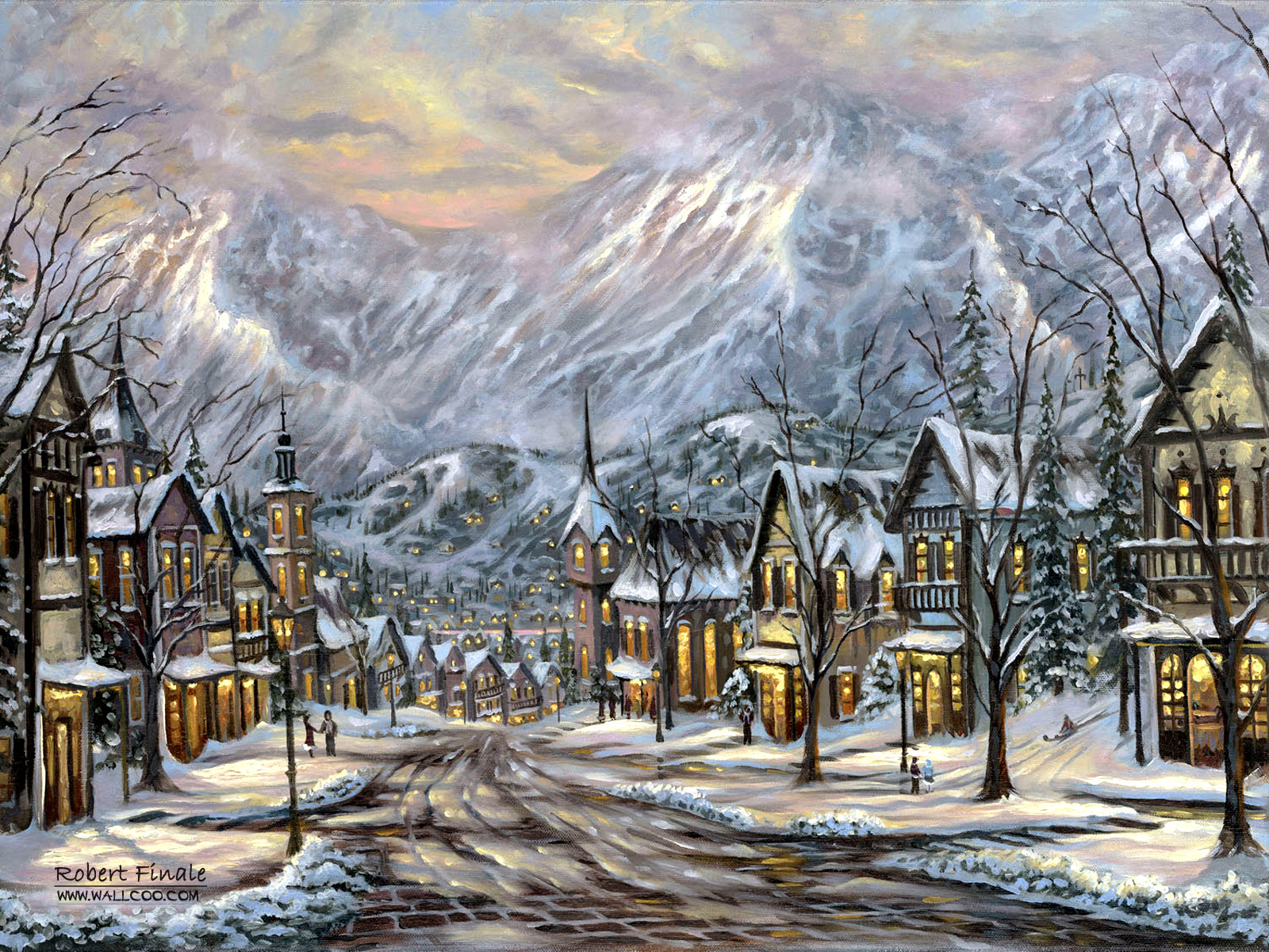 a snowy village with houses by a mountain