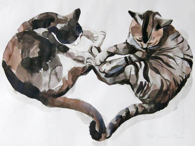 a drawing of two cats playing on a surface