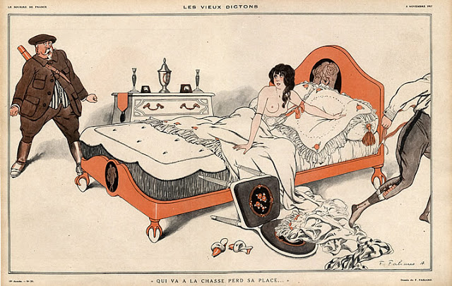 an old drawing shows people in their own bedroom