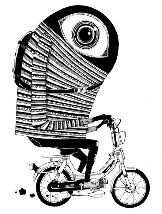 black and white drawing of a man riding a bike