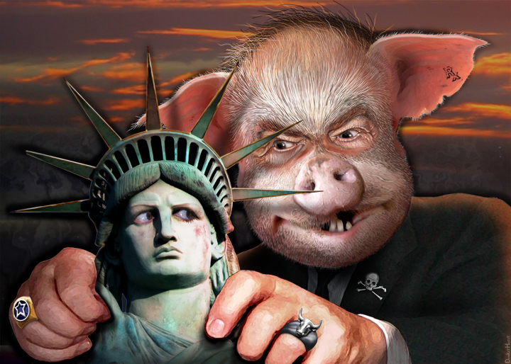 a pig with a nose on a statue of liberty