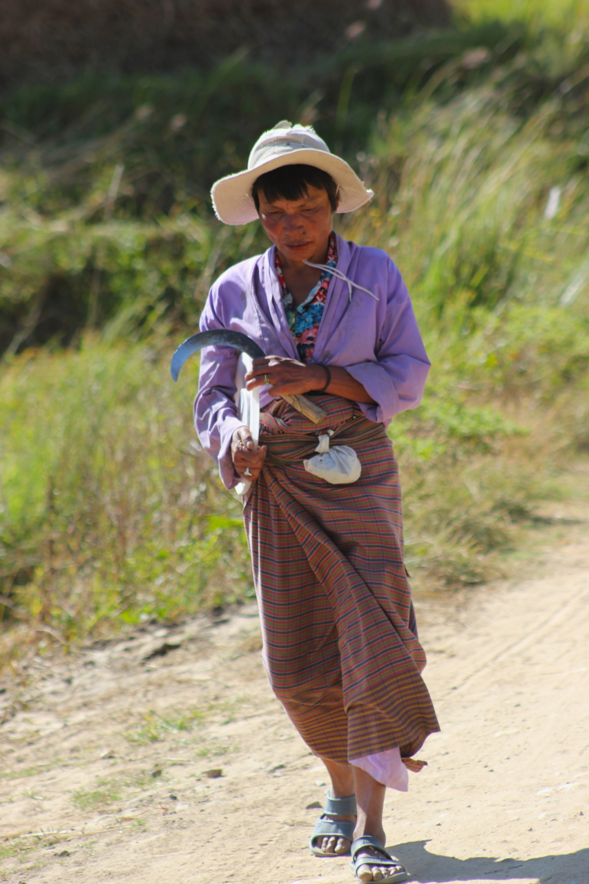 a woman wearing a hat and dress walks on a road