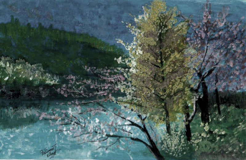 a painting of two trees, one in front of a lake and one on the ground