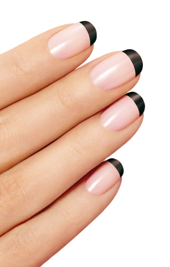an image of two black and pink manies on a female's nails