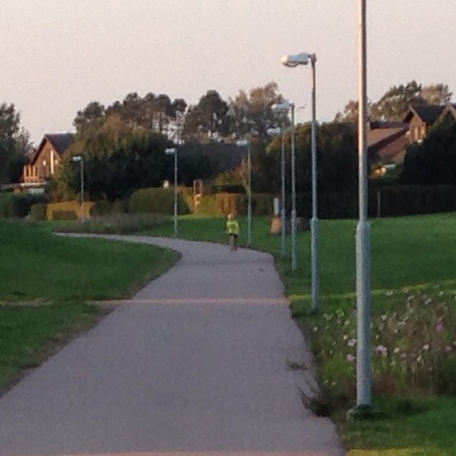 the boy is running down the path towards the grass and houses