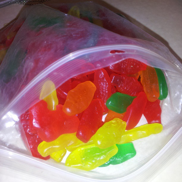 a bag of gummy bears sitting on the counter