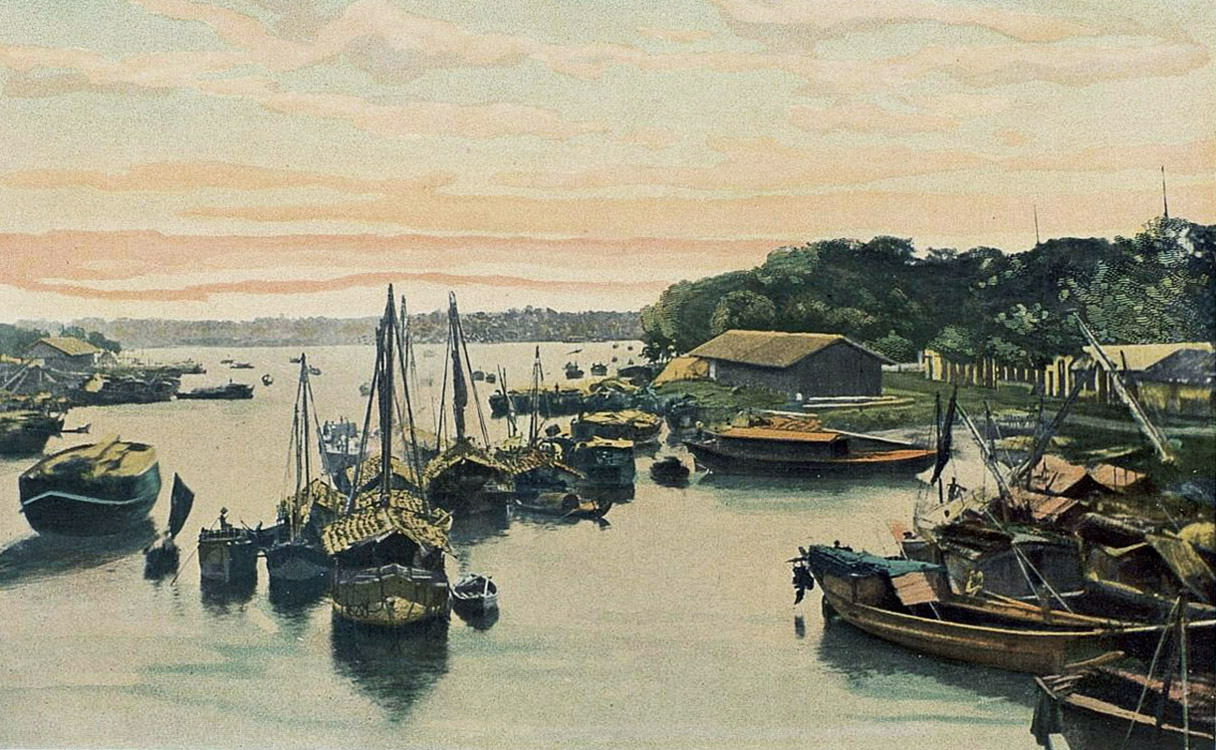 boats are docked on the water during an artistic painting
