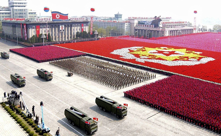 soldiers are standing in front of red flowers